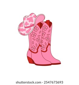 Retro botas de Cowgirl com chapéu rosa bonito. Tema oeste de Cowboy e oeste selvagem. Dia dos Namorados. Design isolado do vetor para cartão postal, t-shirt, adesivo etc.