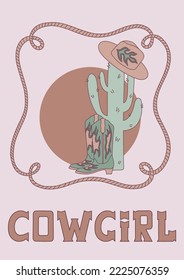 Retro Cowgirl boots, hat, cactus, rope and lettering. T-shirt or poster design of wild west.