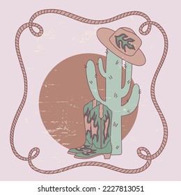 Retro Cowgirl boots, hat, cactus, rope and sun. T-shirt or poster design of wild west.