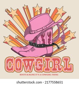 Retro Cowgirl boots and hat. Colorful retro shooting stars. T-shirt or poster design of wild side. illustration of Cowgirl boot with western hat vector design.