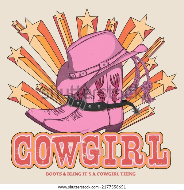 Retro Cowgirl boots and hat.\
Colorful retro shooting stars. T-shirt or poster design of wild\
side. illustration of Cowgirl boot with western hat vector\
design.