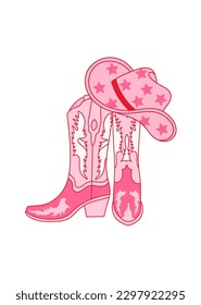 Retro Cowgirl boots with hat. Cowboy western and wild west theme. Vector isolated design for postcard, t-shirt, sticker etc.