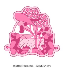 Retro Cowgirl boots and hat. Pink retro embleme with joshua tree desert landscape. T-shirt or poster design of wild side. Vector hand drawn illustration of Pink Cowbow boot pair with western hat .