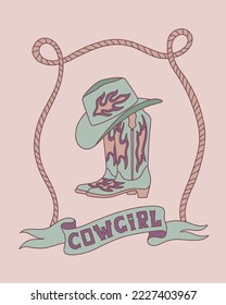 Retro Cowgirl boots and hat, rope and lettering. T-shirt or poster design of wild west.