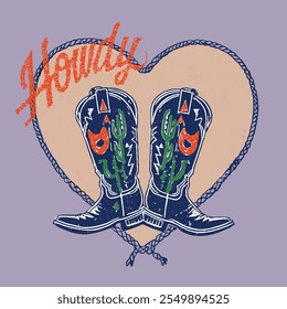 Bota retrô de Cowgirl com chapéu. Vetor design isolado para cartão postal, t-shirt, Cowboy ocidental e tema oeste selvagem