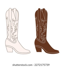 Retro Cowgirl boots with ornament. Cowboy western and wild west theme. Vector isolated white and black design for postcard, t-shirt, sticker etc.