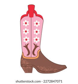 Retro Cowgirl boots with ornament. Cowboy western and wild west theme. Vector isolated design for postcard, t-shirt, sticker etc.