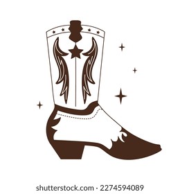 Retro Cowgirl boots with ornament. Cowboy western and wild west theme. Vector isolated white and black design for postcard, t-shirt, sticker etc.