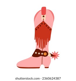 Retro cowgirl boots with traditional fringe and spur. Vector pink boots in cowboy and western style. Simple funny shoes of Wild West with ornament for postcard, t-shirt print, cowboy party design