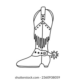 Retro cowgirl boots with traditional fringe and spur. Vector doodle with outline of boots in cowboy and western style. Simple funny shoes of Wild West with ornament for postcard, print, design.