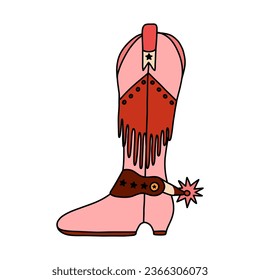 Retro cowgirl boots with traditional fringe and spur. Vector pink doodle with outline of boots in cowboy and western style. Simple funny shoes of Wild West with ornament for postcard, print, design.