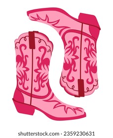 Retro cowgirl boots. Vector isolated illustration. Pink glamour footwear. Pinkcore concept.