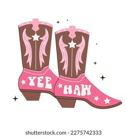 Retro Cowgirl boots. Yee haw quotes. Cowboy western and wild west theme. Hand drawn vector design for postcard, t-shirt, sticker etc.