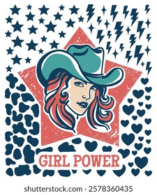 Retro Cowgirl Girl Power Western Wild West Star T-Shirt Design isolated on white