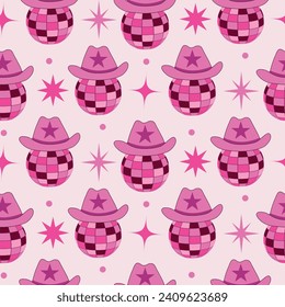 Retro cowgirl hats on groovy pink disco balls seamless pattern with stars. For fabric, textile, wrapping paper and home décor 