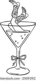 Retro cowgirl in martini glass celebration doodle icon. Woman in Martini glass.