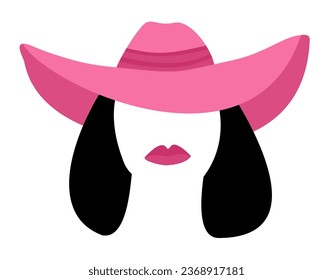Retro cowgirl in pink hat. Pinkcore. Vector portrait.