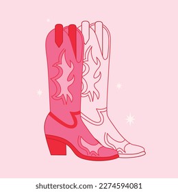 Retro Cowgirl pink pair of boots . Cowboy western and wild west theme. Vector design for postcard, t-shirt, sticker etc.