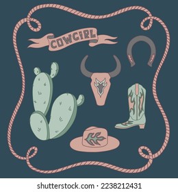 Retro cowgirl set: boot, hat, cactus, rope, bull skull, horseshoe and lettering. Vector illustration for you design.