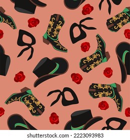 Retro cowgirl. Vector seamless pattern with cowboy hats, boots, bandanas and roses on pink background.