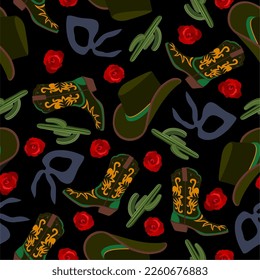 Retro cowgirl. Vector seamless pattern with cowboy hats, boots, bandanas, cacti and roses on black background.