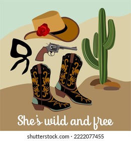 Retro Cowgirl. Vector Set Of Cowboy Hat With Red Rose, Revolver, Boots, Bandana And Cactus.