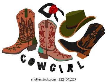 Retro Cowgirl. Vektorset aus Cowboystiefeln, Hut und Bandana. Accessoires im westlichen Stil.