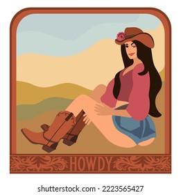 Retro cowgirl. Vector vintage portrait of young attractive  girl in cowboy hat and boots sitting on the ground. Howdy.