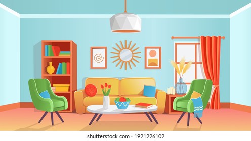 Retro cozy colored living room interior with sofa, armchairs, table, shelf, window, vase, chandelier, paintings, mirror. Vector illustration flat cartoon style.