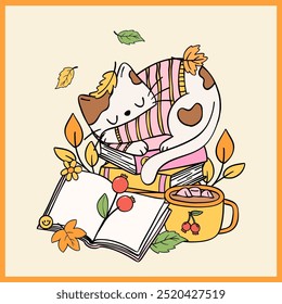 Retro Cozy Fall Book Vibe with Sleeping Cat and Hot Chocolate Kid Friendly Doodle illustration