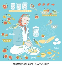 Retro cozy kitchen utensil vector ilustration set. Icon set. Colorful vintage kitchen utensil folk art style on blue backgroud. Fabric, wallpaper, packaging, print. Hipster vintage kitchen design.