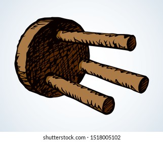 Retro crash unsafe tabouret lay around light room background. Freehand outline black ink hand drawn logo pictogram emblem design in antique art doodle engrave style on paper text space. Close up view