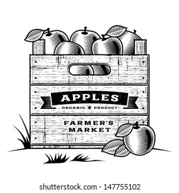 Retro crate of apples black and white. Editable vector illustration with clipping mask.