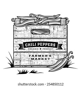 Retro crate of chili peppers black and white. Editable vector illustration with clipping mask.