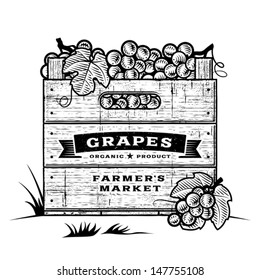 Retro crate of grapes black and white. Editable vector illustration with clipping mask.