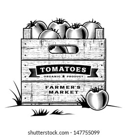 Retro crate of tomatoes black and white. Editable vector illustration with clipping mask.
