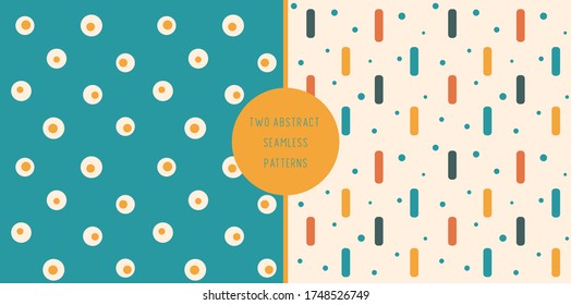 Retro cream beige, orange and blue abstract spots seamless patterns set. Vector elegant warm print with rounded edge rectangles, circles, dots. For wrapping paper, textile, apparel. Eps10, editable