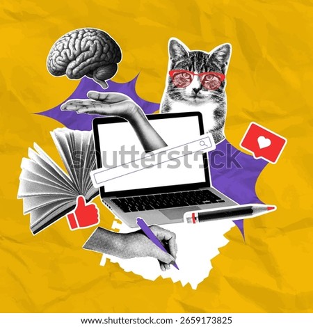 Retro Creative Collage with Cat, Brain, and Laptop – Vintage Halftone Sticker Style