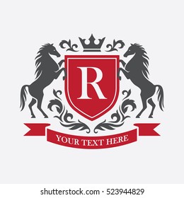 Retro Crest With Red Shield, Ribbon And Two Horses. Can Be Used As Logo, Emblem Or Banner For Luxury, Royal Or Vintage Design Concept.