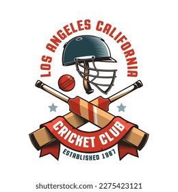 Retro cricket logo featuring a helmet, cricket bats, and ball. Vintage-inspired logo design captures the essence of classic cricket with its bold typography and iconic imagery