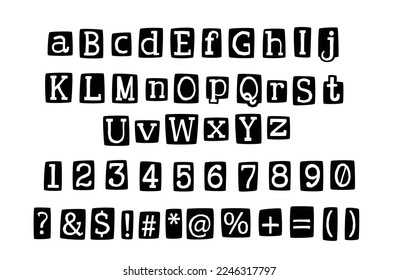 Retro criminal anonymous maniac alphabet letters black and white color. Blackmail notes cut out from magazine.