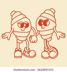 Retro croissant couple holding handsand looking at each other lovingly mascot character. Bakery menu symbol