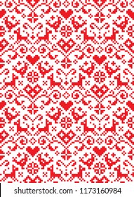 Retro Cross stitch vector seamless folk art pattern with flowers and animals -  background inspired German old style retro embroidery. 
Pixelated red symmetric floral decoration with birds, dogs