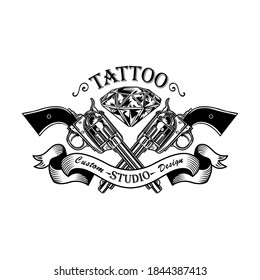 Retro cruzó la ilustración de cañones y vectores de diamante. Revueltas monocromas elegantes. El diseño de tatuajes y el concepto de estilo pueden utilizarse para plantillas, pancartas o afiches retro