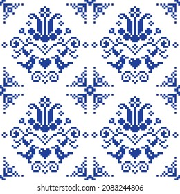 Retro cross-stitch vector floral seamless pattern, folk art repetitive background inspired by old German and Austrian style embroidery. Decoration with birds, heart and flowers