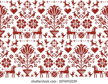 Retro cross-stitch vector pattern with horses, birds and flowers, background inspired by old German and Austrian style cross-stitch ornaments. Retro brown floral decoration with animals.