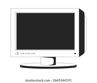 Retro CRT monitor front view 2D line object. Desktop display outdated. Y2k hardware. Tech nostalgia. Oldschool technology isolated clipart vector ink outline item. Monochrome spot illustration