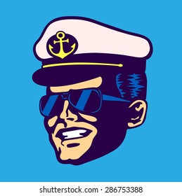 Retro cruise ship captain head with hat and aviator glasses smiling face vintage isolated vector illustration