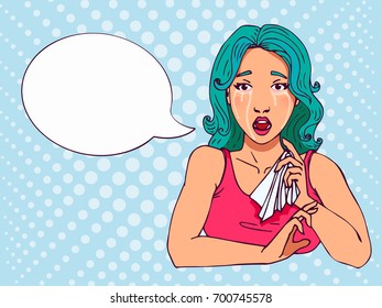 Retro crying comics girl with speech bubble. Open mouth, raise eyebrows, bright colors. Vector illustration in comics style. Tears on face, look surprised. Beautiful young girl shocked, weeping.