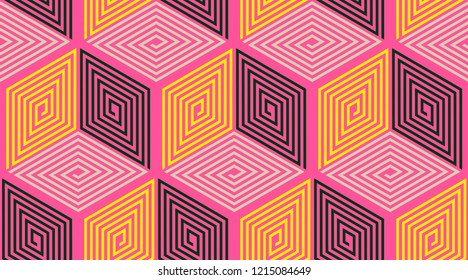 retro cubic style seamless pattern with square spirals in pink yellow